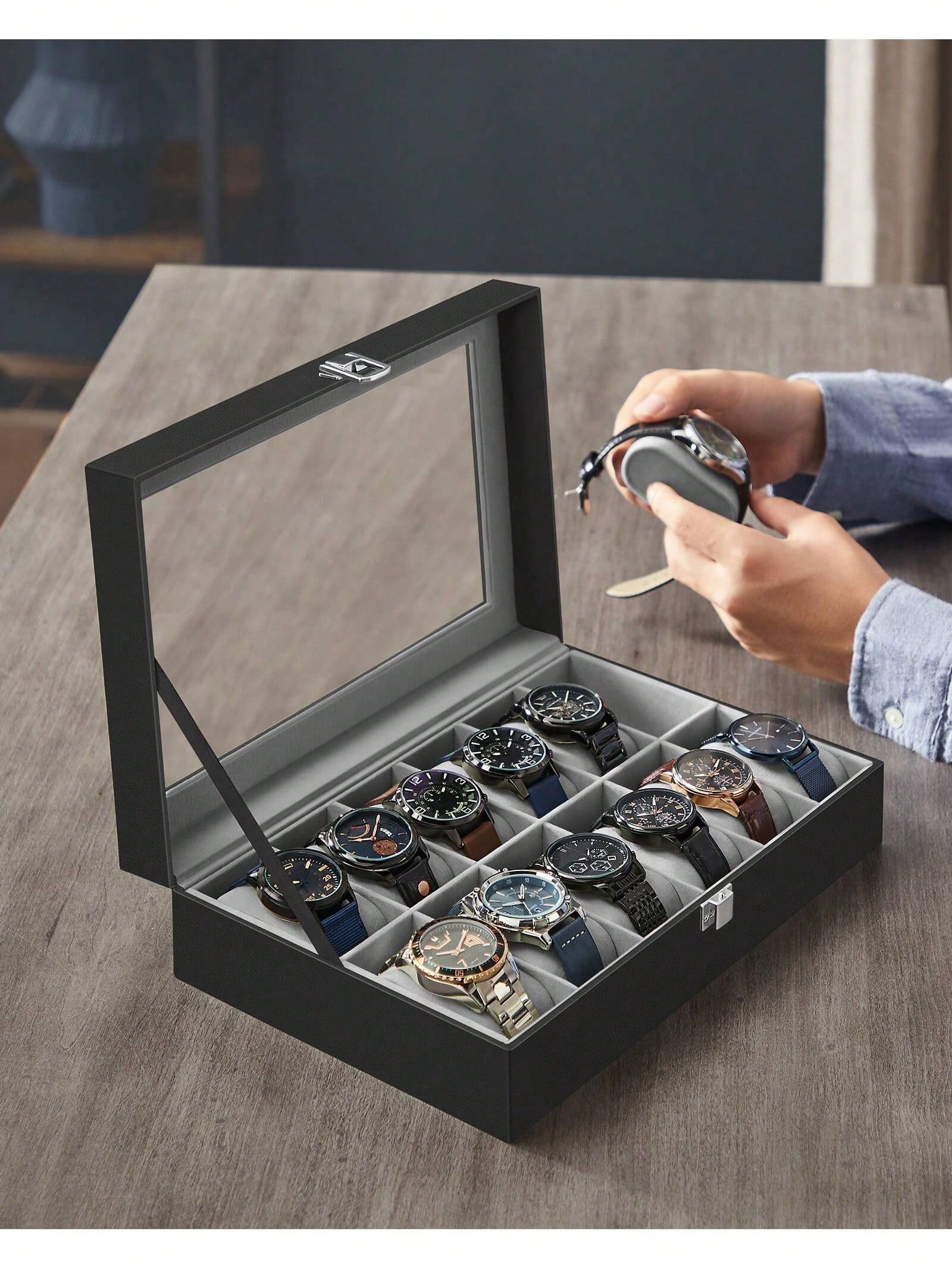 12-Slot Lockable Watch Box wit - Jewelry And Watches Box 评论和价格
