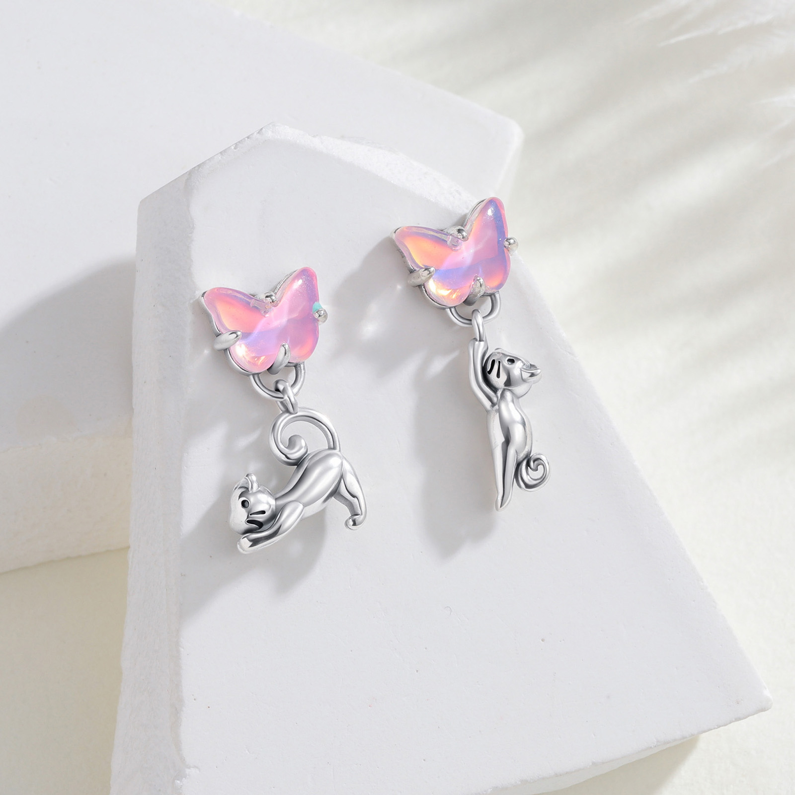 925 Sterling Silver Cat & Butt - Opal Earrings Dangle 评论和价格